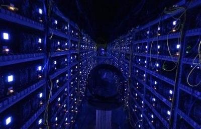 A vast Bitcoin mining farm with rows of ASICs