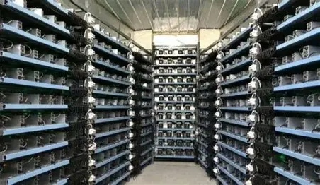 A bustling mining farm showcasing hosted services that help manage electricity fees for cryptocurrencies like Bitcoin and Ethereum