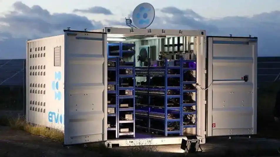 A visual depiction of a mining farm with rows of mining rigs.